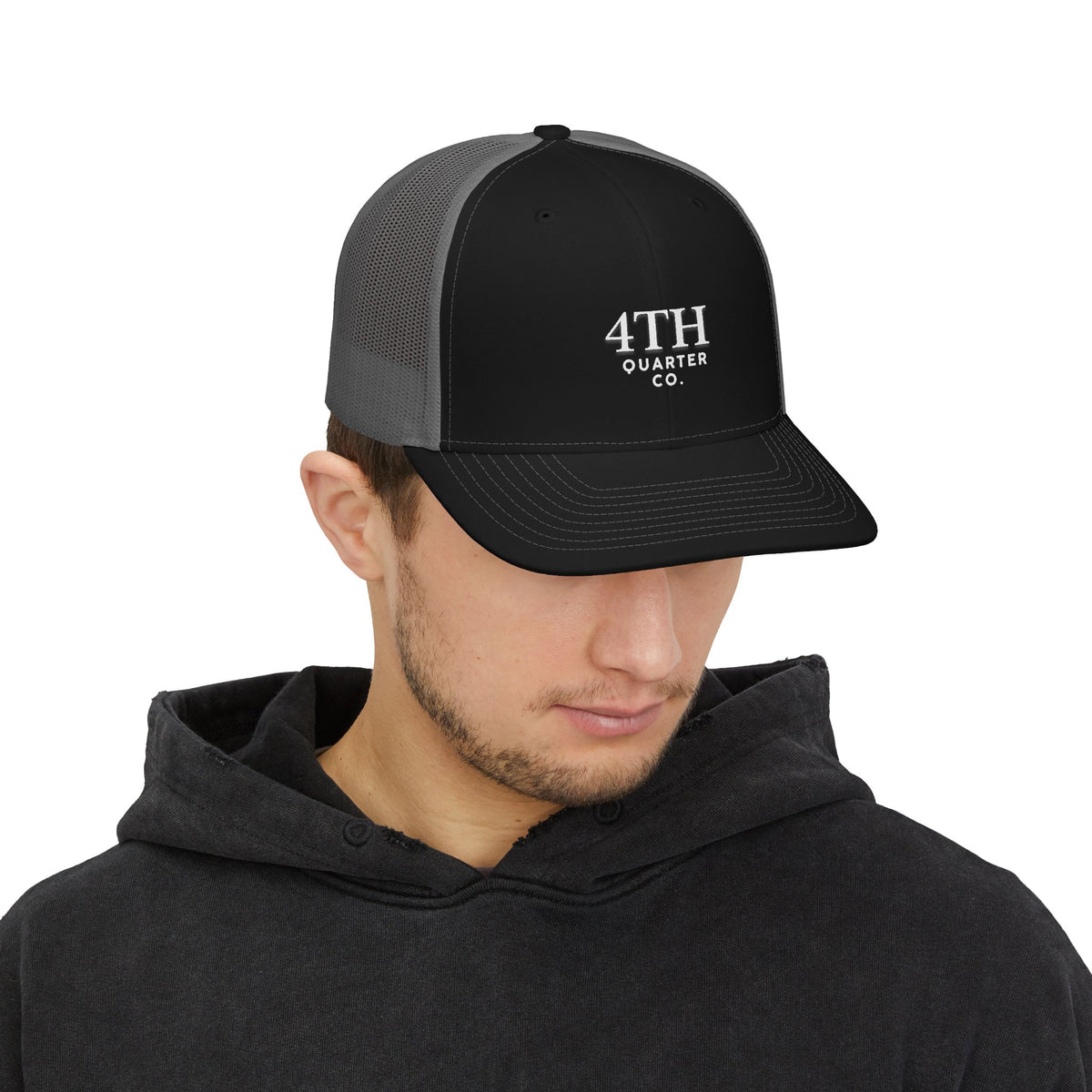 4TH Quarter Co. Embroidered Trucker Cap — White Snapback Mesh Hat