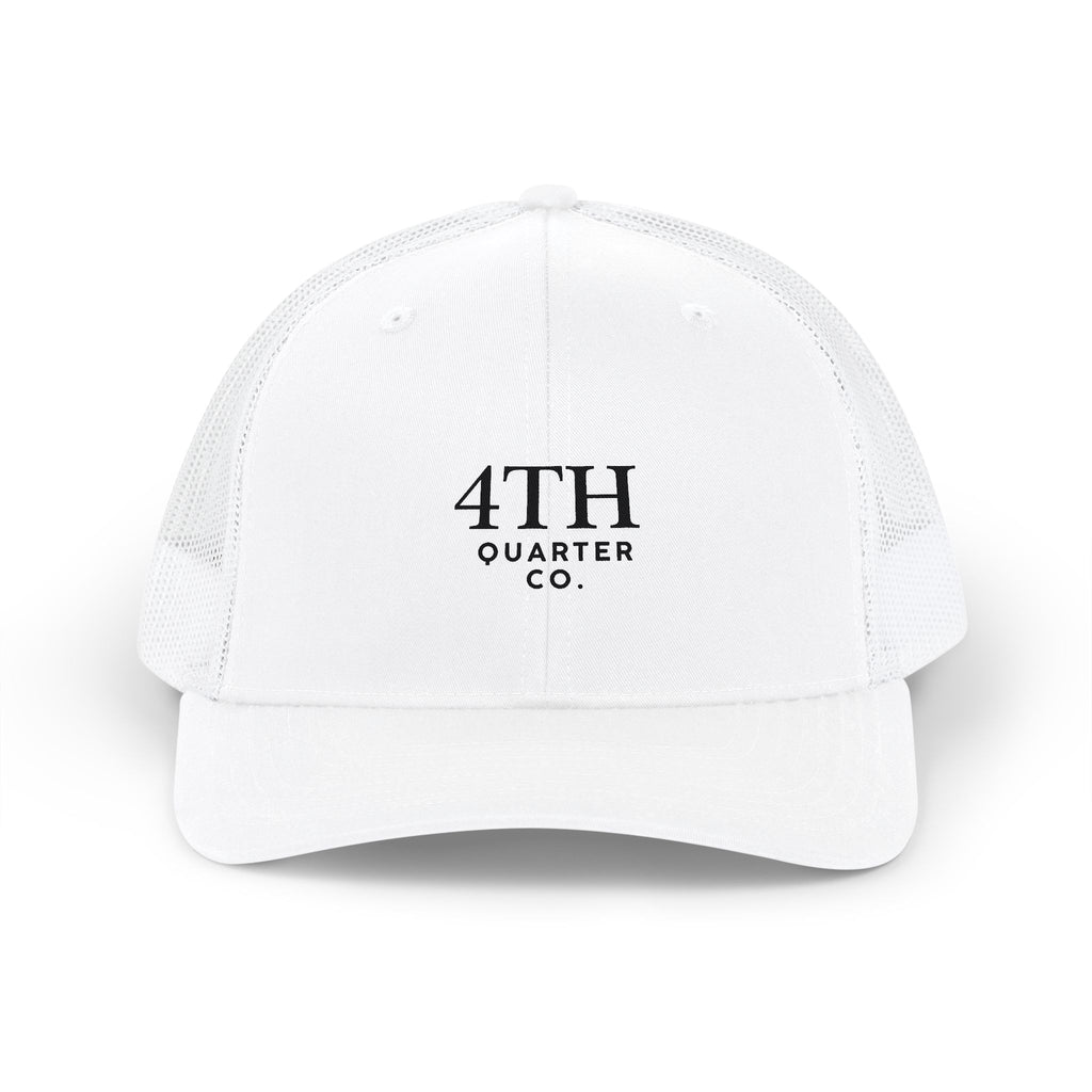 4TH Quarter Co. Embroidered Trucker Cap — White Snapback Mesh Hat