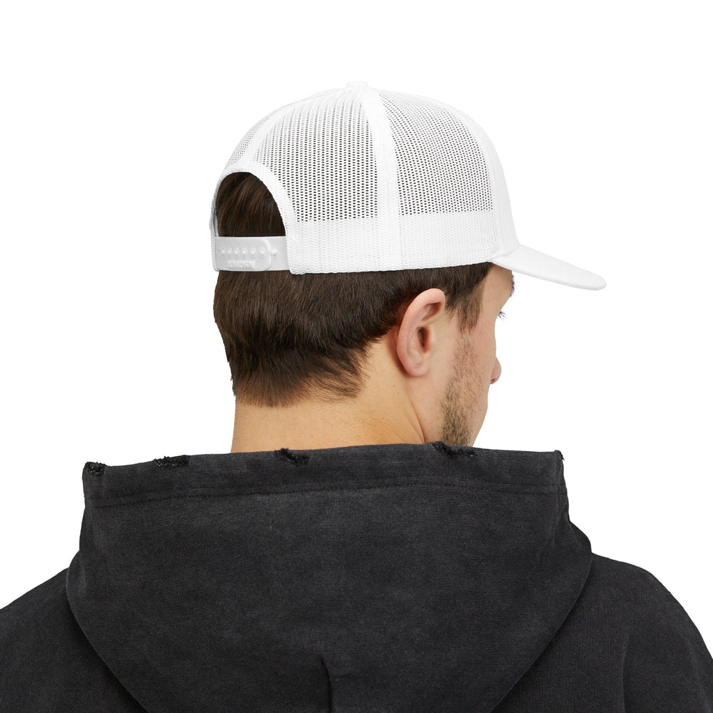 4TH Quarter Co. Embroidered Trucker Cap — White Snapback Mesh Hat
