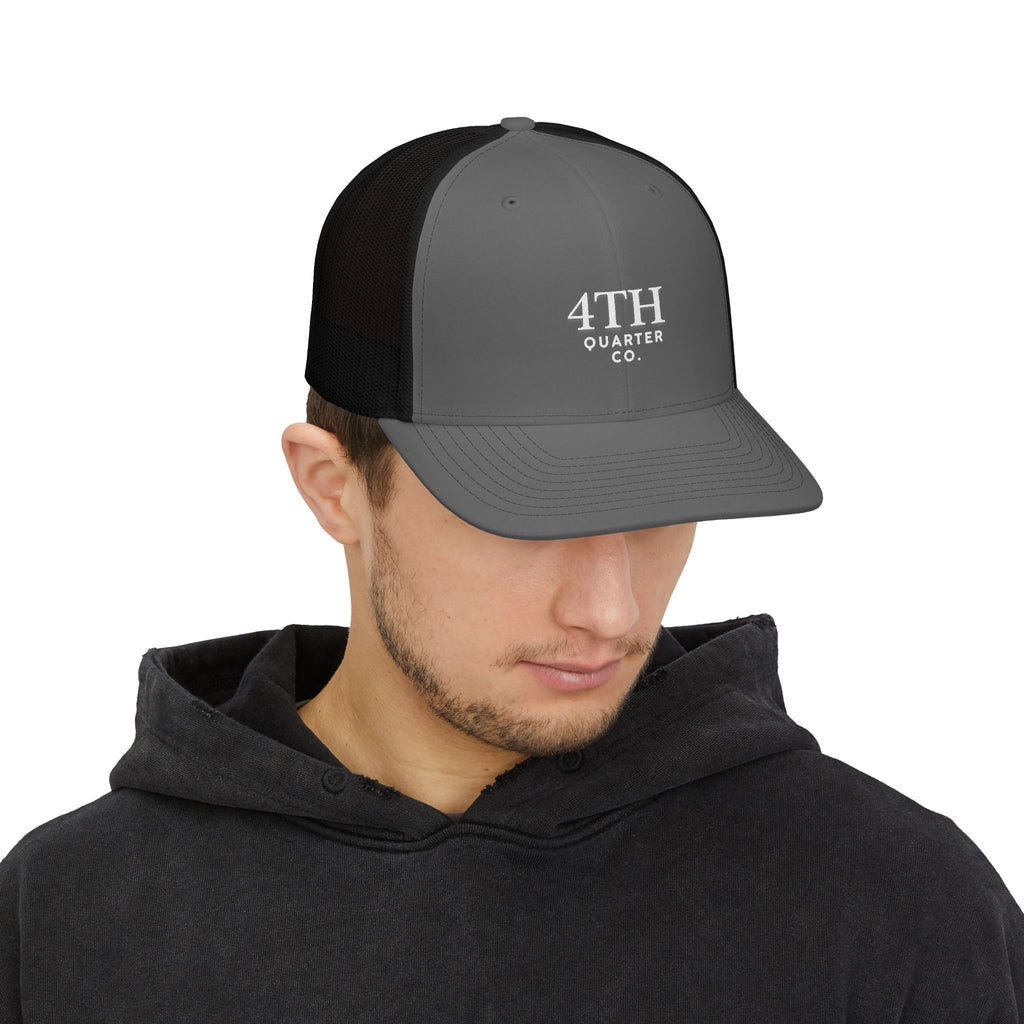 4TH Quarter Co. Embroidered Trucker Cap — White Snapback Mesh Hat