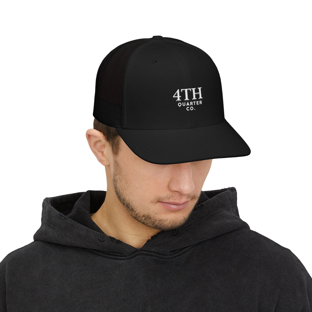 4TH Quarter Co. Embroidered Trucker Cap — White Snapback Mesh Hat