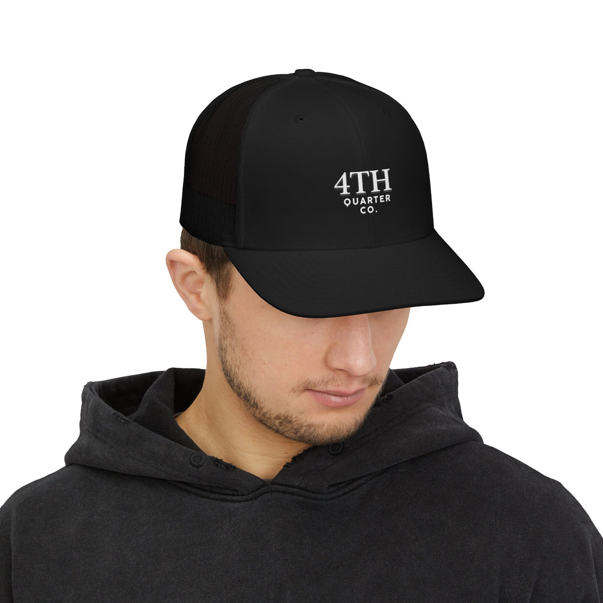 4TH Quarter Co. Embroidered Trucker Cap — White Snapback Mesh Hat