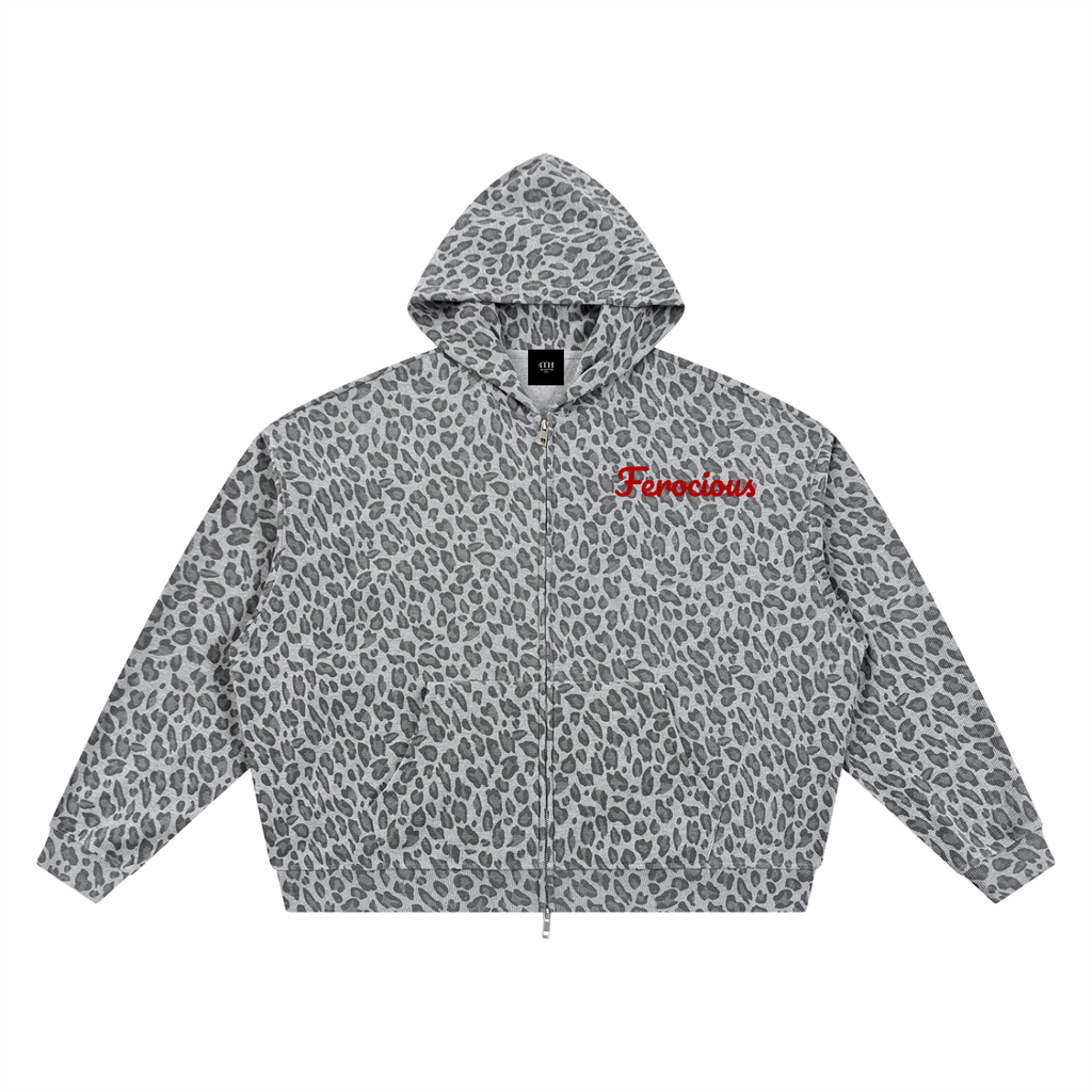 Unisex Leopard Print Waffle Full Zip Hoodie
